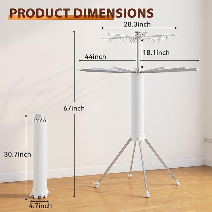 Foldable Tripod Umbrella Shaped Clothes Drying Rack, Portable, Space saving, 3 - Tier Laundry Stand with Hooks