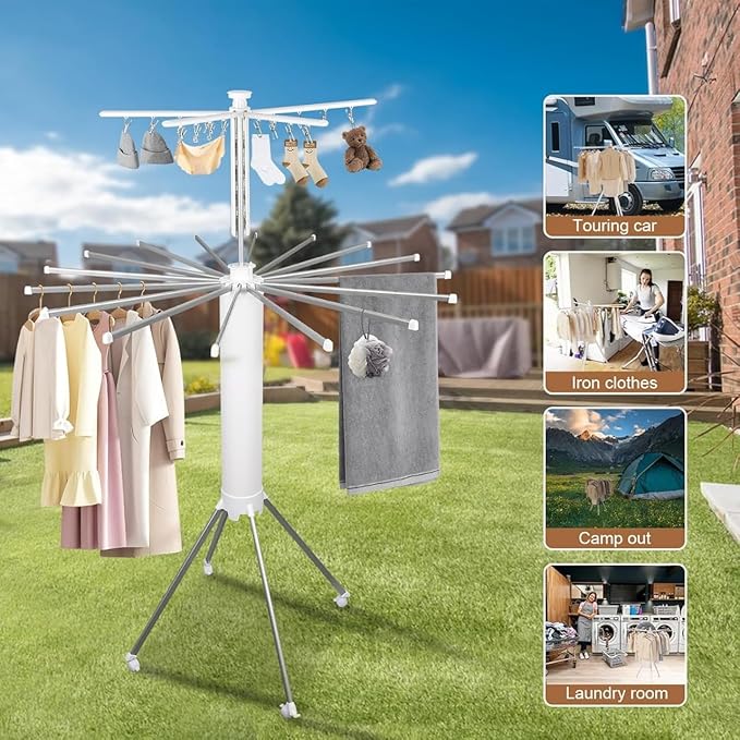 Foldable Tripod Umbrella Shaped Clothes Drying Rack, Portable, Space saving, 3 - Tier Laundry Stand with Hooks