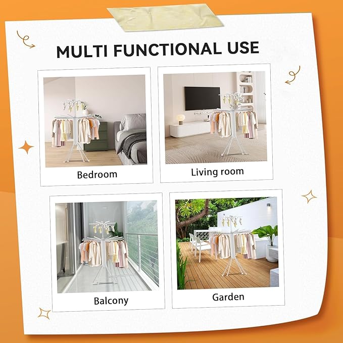 Foldable Tripod Umbrella Shaped Clothes Drying Rack, Portable, Space saving, 3 - Tier Laundry Stand with Hooks