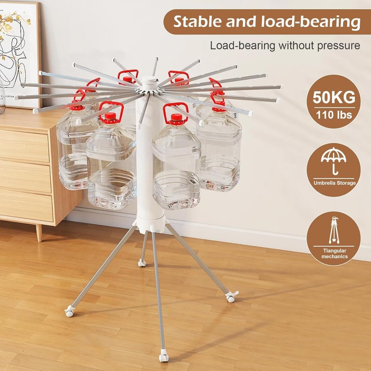 Foldable Tripod Umbrella Shaped Clothes Drying Rack, Portable, Space saving, 3 - Tier Laundry Stand with Hooks