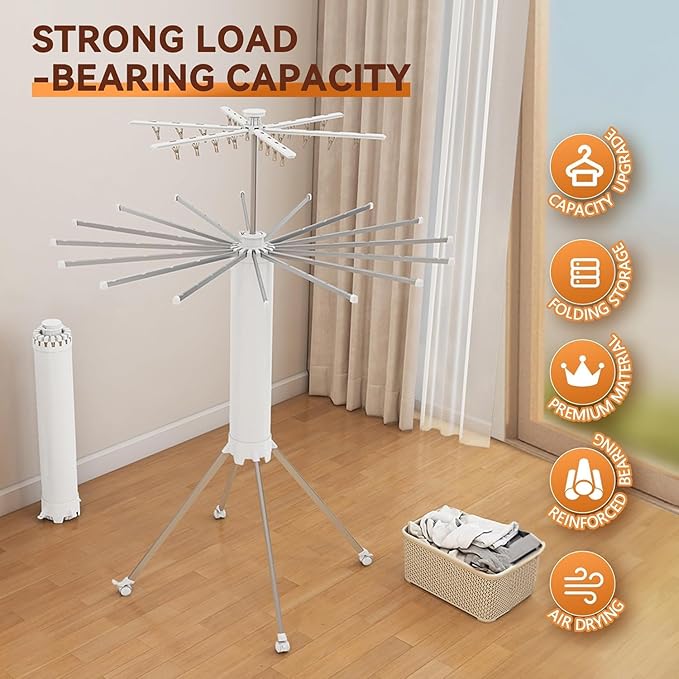 Foldable Tripod Umbrella Shaped Clothes Drying Rack, Portable, Space saving, 3 - Tier Laundry Stand with Hooks