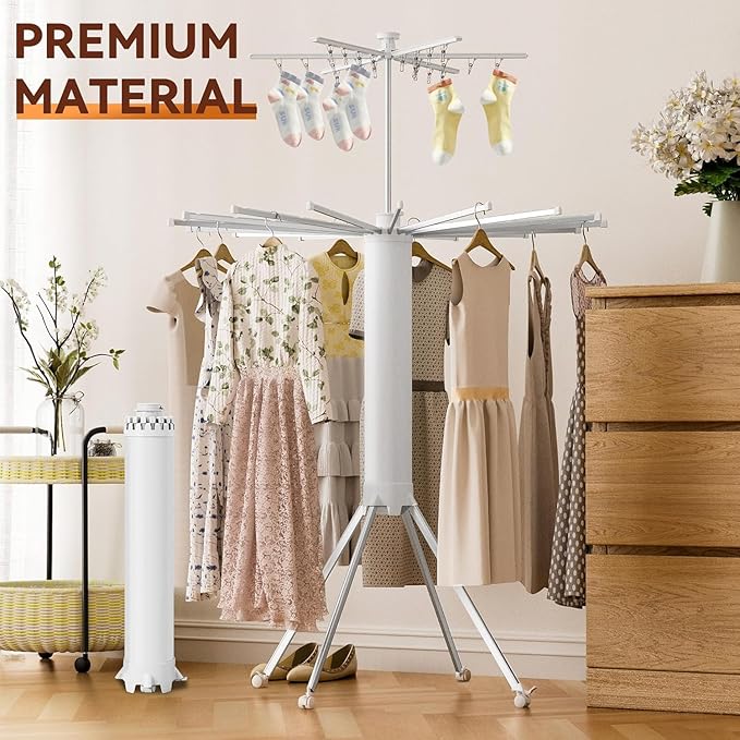 Foldable Tripod Umbrella Shaped Clothes Drying Rack, Portable, Space saving, 3 - Tier Laundry Stand with Hooks