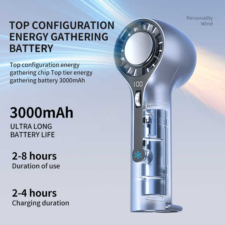 100 Levels High-Speed Handheld Mini Portable Fan - 8H Ultra Long Battery Life, Ice Blue LED, 2025 PRO Turbo Tech