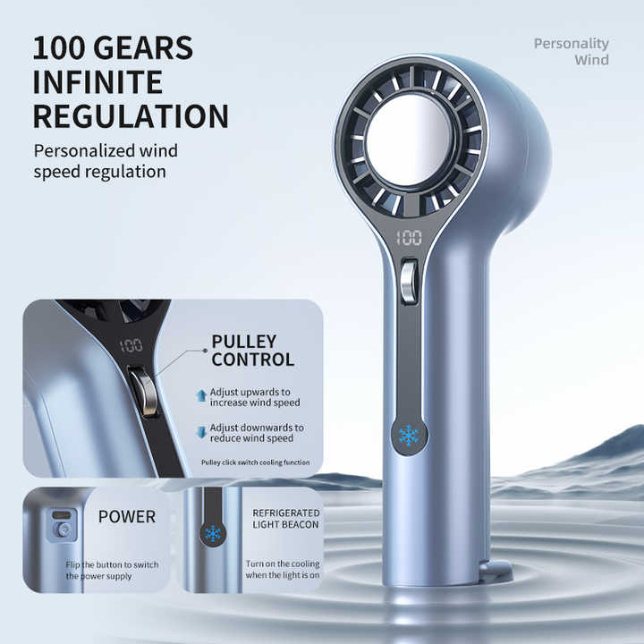 100 Levels High-Speed Handheld Mini Portable Fan - 8H Ultra Long Battery Life, Ice Blue LED, 2025 PRO Turbo Tech