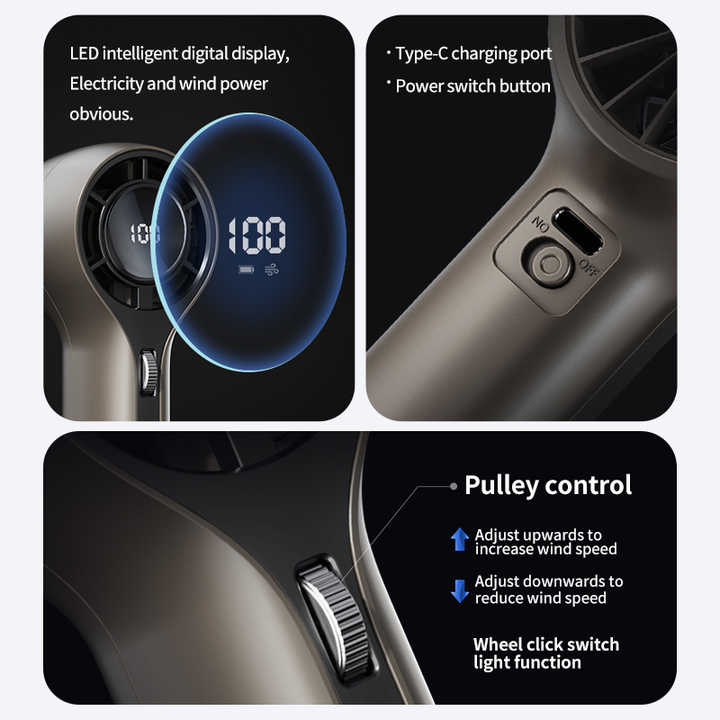 100 Levels High-Speed Handheld Mini Portable Fan - 8H Ultra Long Battery Life, Ice Blue LED, 2025 PRO Turbo Tech
