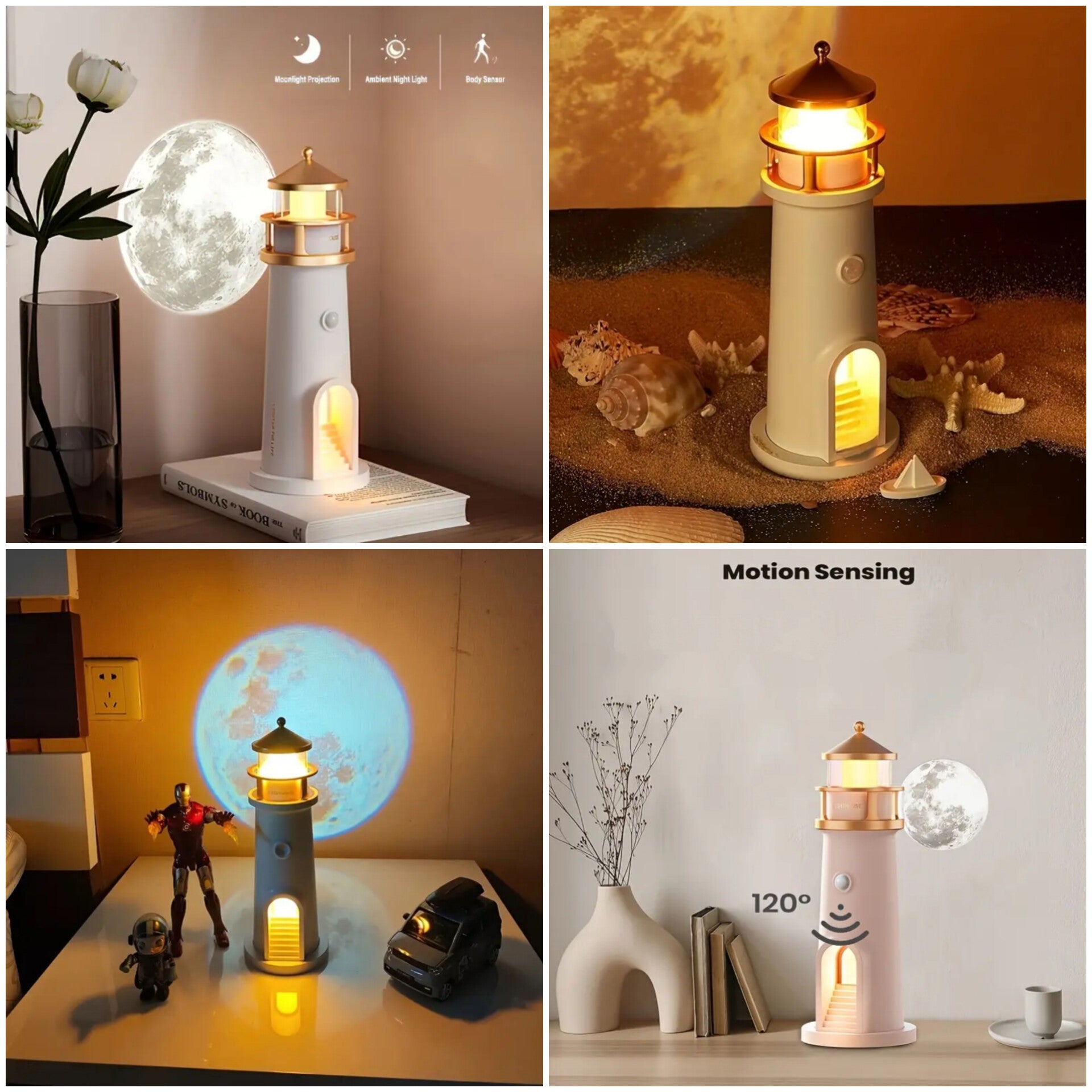LightHouse Moon Projector Night Light with Body Sensor and Remote Control - USB Charge, Perfect for Home Decor