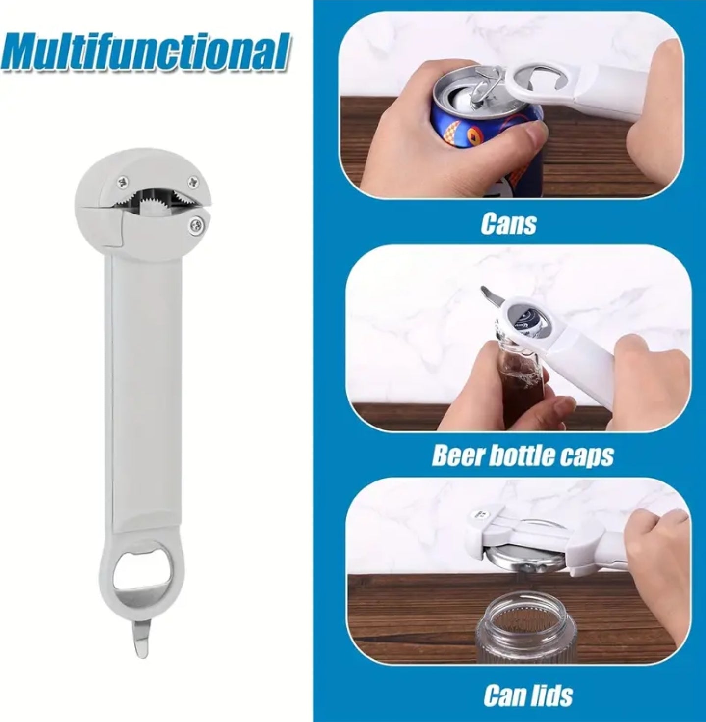 Retractable Bottle, Can, Jar Lid Opener - Multi-purpose 3 in 1 Kitchen Tool