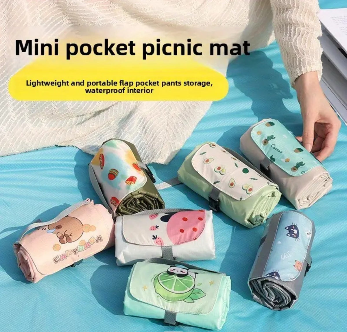 6 in 1 Multi-purpose Mini Pocket-sized Beach/Picnic Mat with 4 Built-in Corner Steel Nails