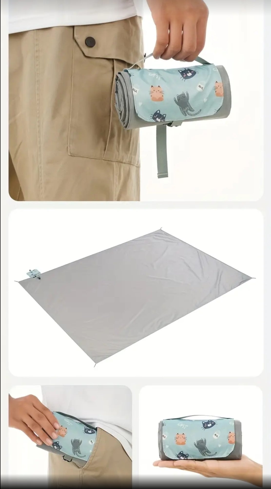 6 in 1 Multi-purpose Mini Pocket-sized Beach/Picnic Mat with 4 Built-in Corner Steel Nails