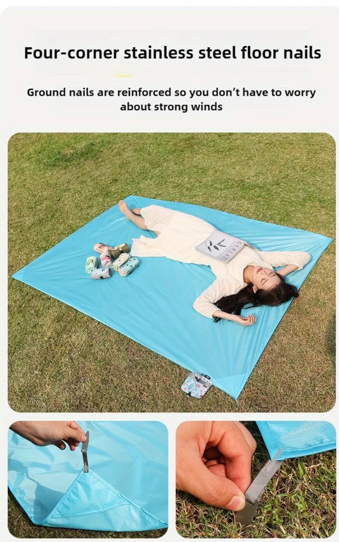 6 in 1 Multi-purpose Mini Pocket-sized Beach/Picnic Mat with 4 Built-in Corner Steel Nails