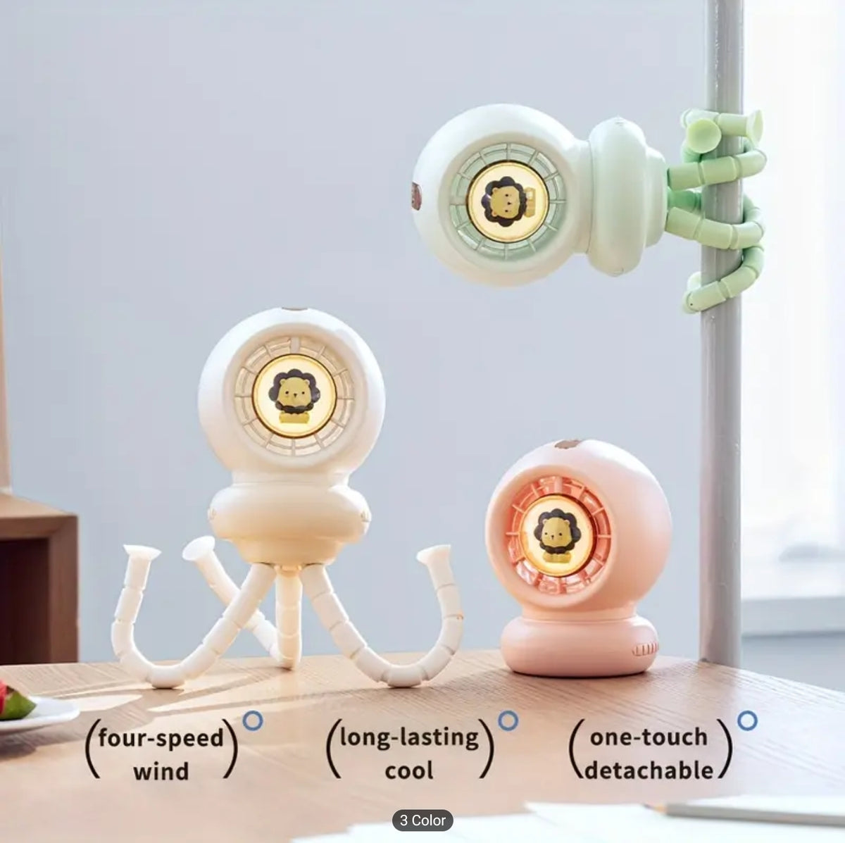 4 in 1 Octopus Stroller Fan with 4 speeds - Mini Night Light, Phone Holder, Auto Oscillating, Detachable