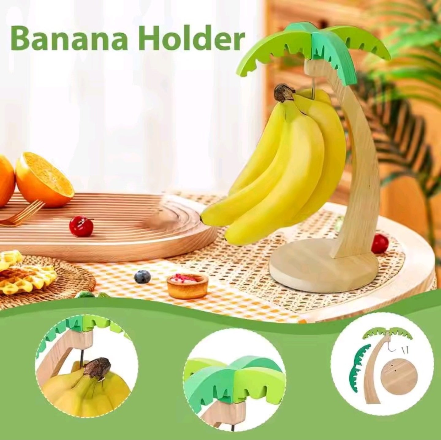 Decorative Wooden Palm Tree Banana/Grapes Hanger - Space Saving, Food Preserver, Durable