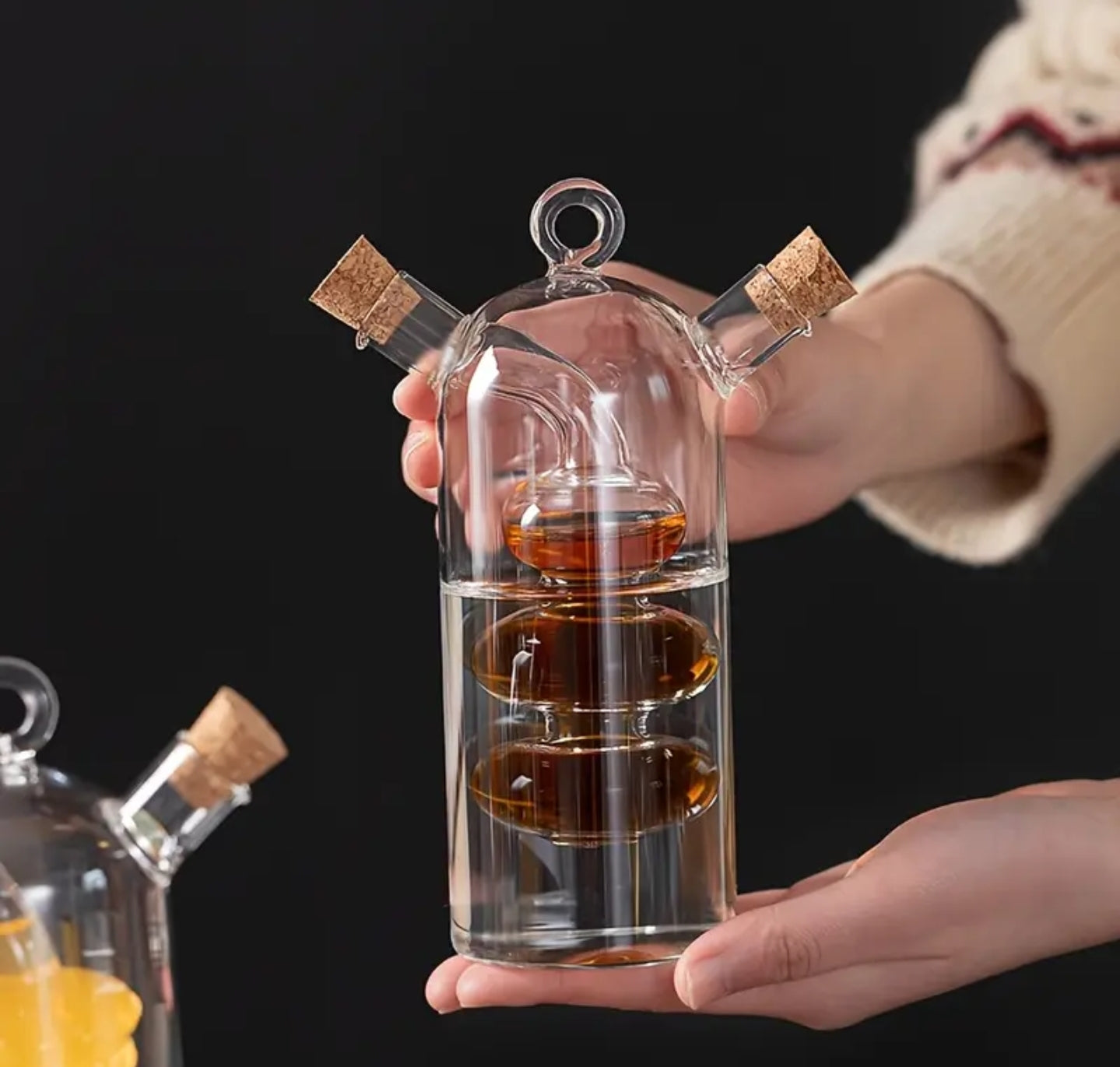 2 in 1 Oil/Vinegar/Sauce Glass Dispenser with Cork Stopper - Dual Spout Kitchen Container 1pc