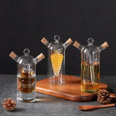 2 in 1 Oil/Vinegar/Sauce Glass Dispenser with Cork Stopper - Dual Spout Kitchen Container 1pc
