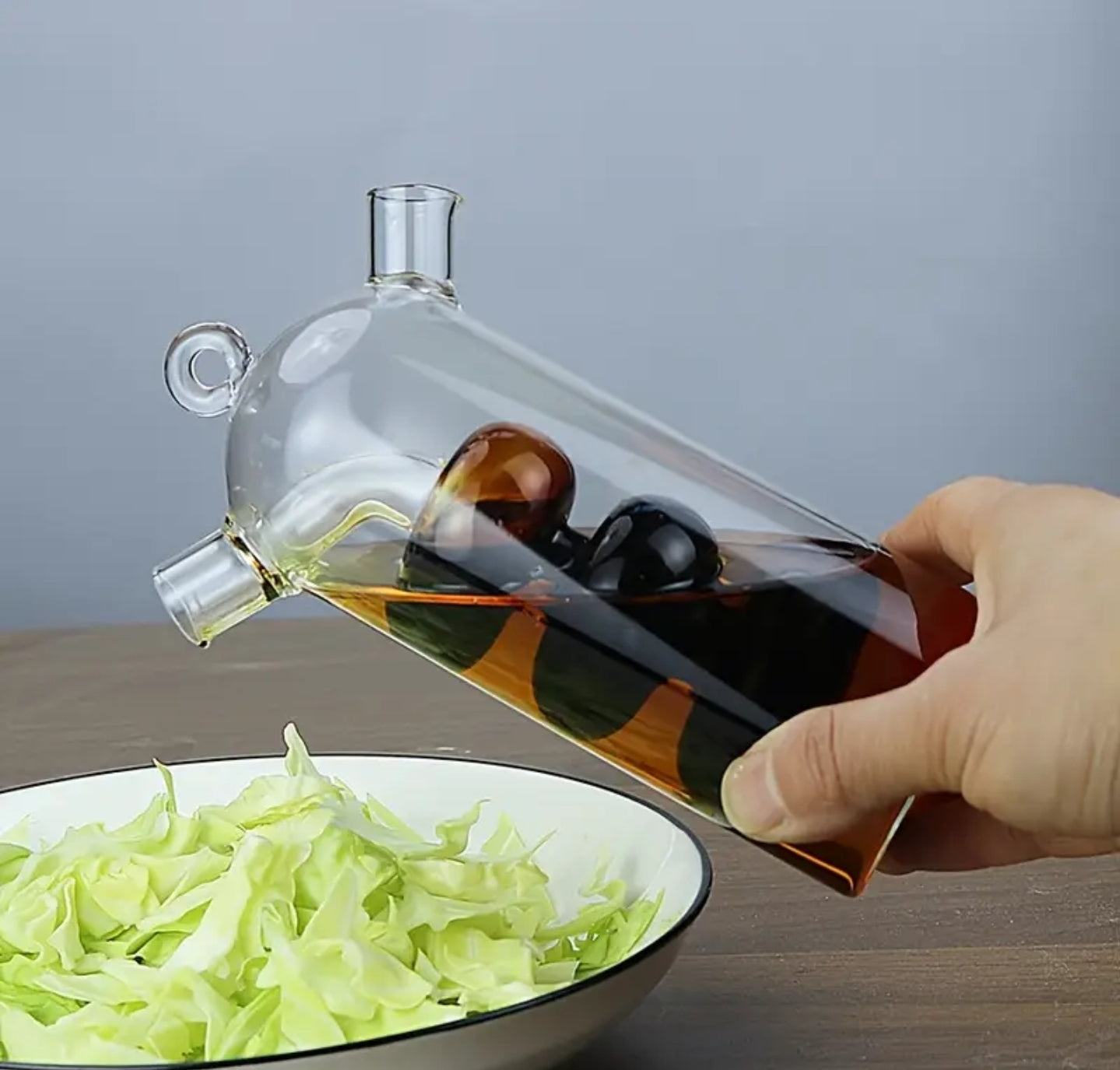 2 in 1 Oil/Vinegar/Sauce Glass Dispenser with Cork Stopper - Dual Spout Kitchen Container 1pc