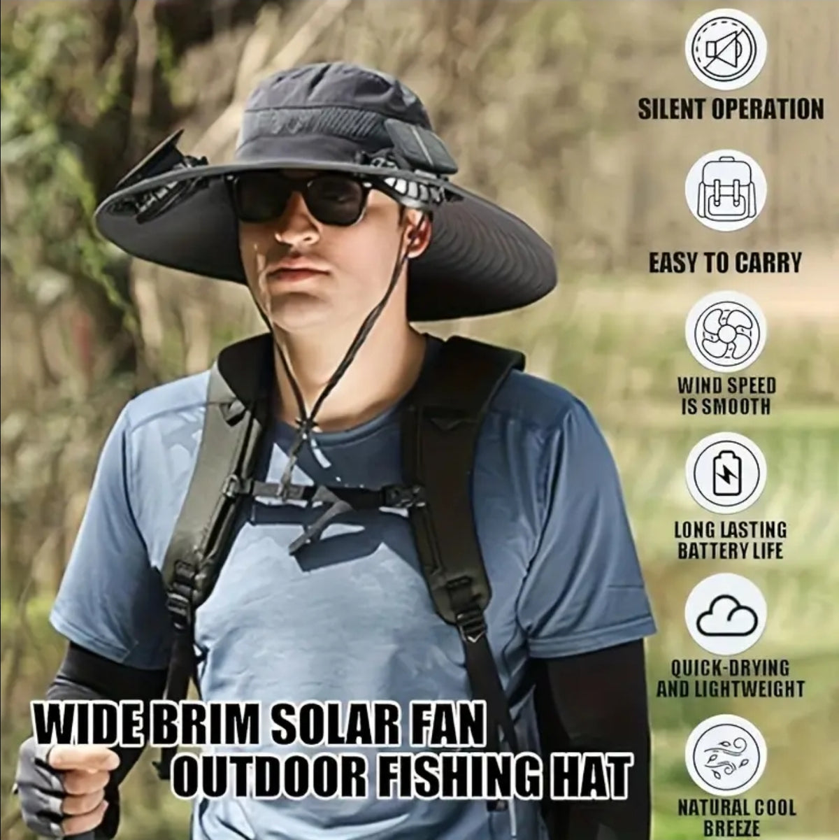 Solar Powered Unisex Fan Hat - 2 Built-in Fans, 6-9 hours Long Battery Life, Strong Wind Power