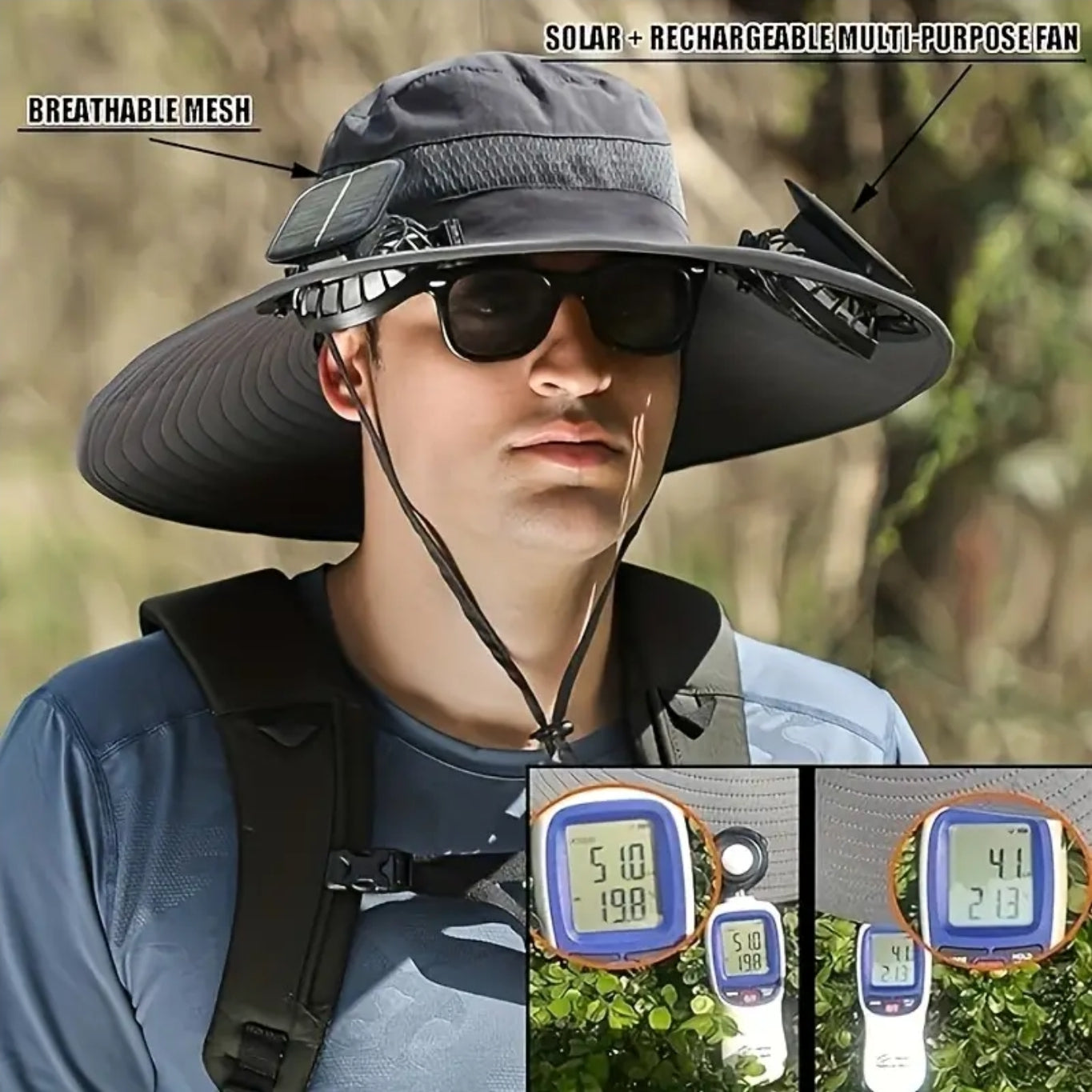 Solar Powered Unisex Fan Hat - 2 Built-in Fans, 6-9 hours Long Battery Life, Strong Wind Power