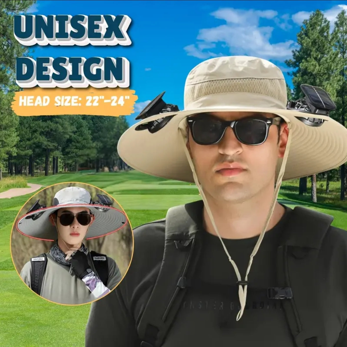 Solar Powered Unisex Fan Hat - 2 Built-in Fans, 6-9 hours Long Battery Life, Strong Wind Power