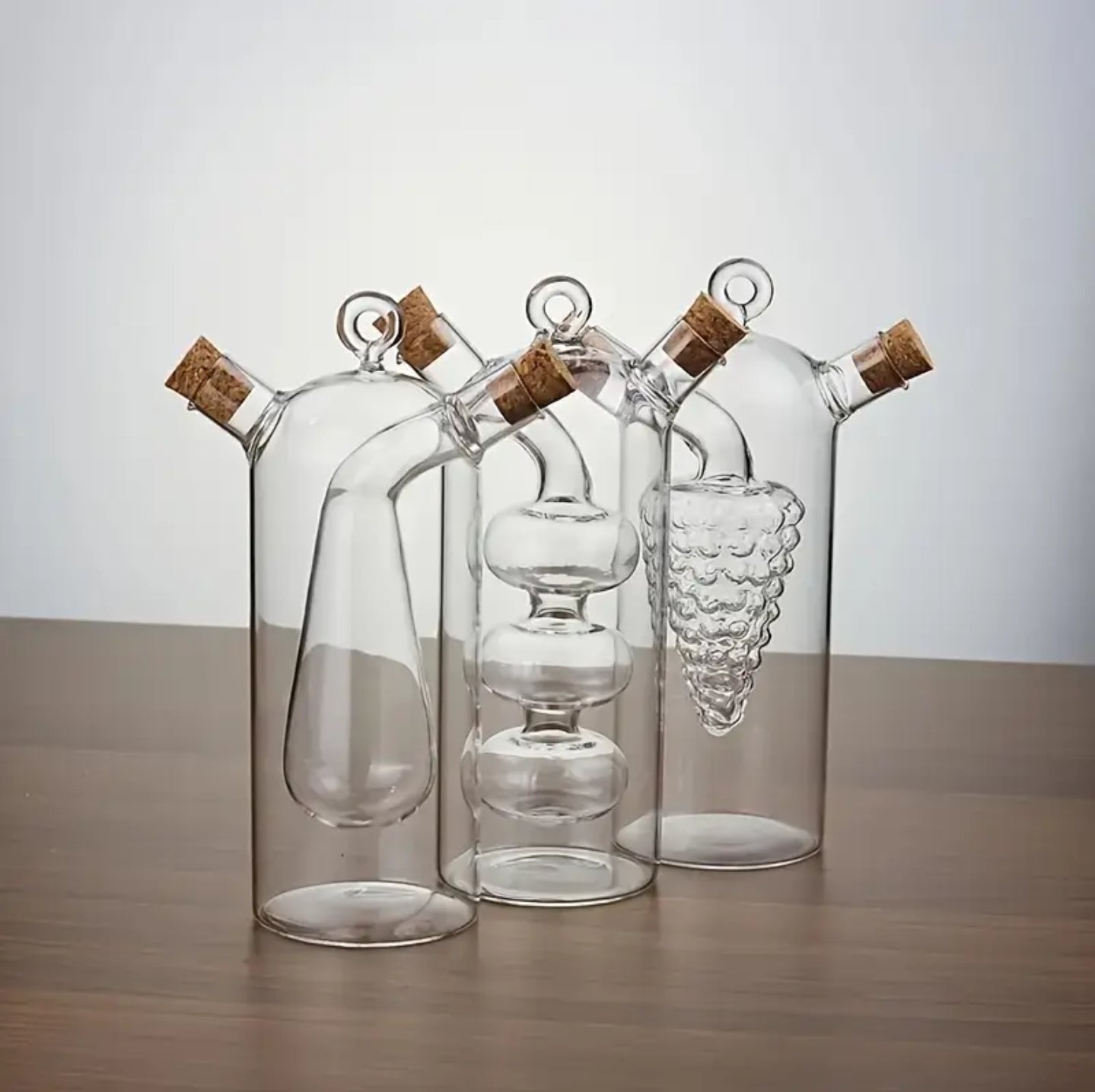 2 in 1 Oil/Vinegar/Sauce Glass Dispenser with Cork Stopper - Dual Spout Kitchen Container 1pc
