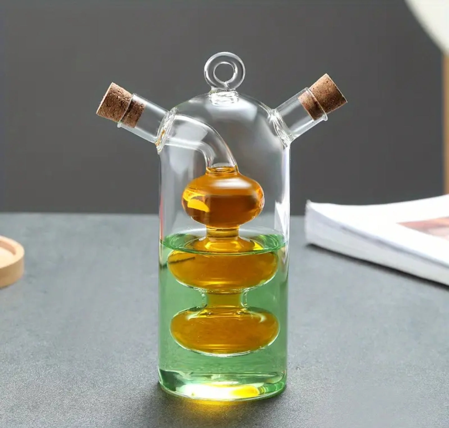 2 in 1 Oil/Vinegar/Sauce Glass Dispenser with Cork Stopper - Dual Spout Kitchen Container 1pc