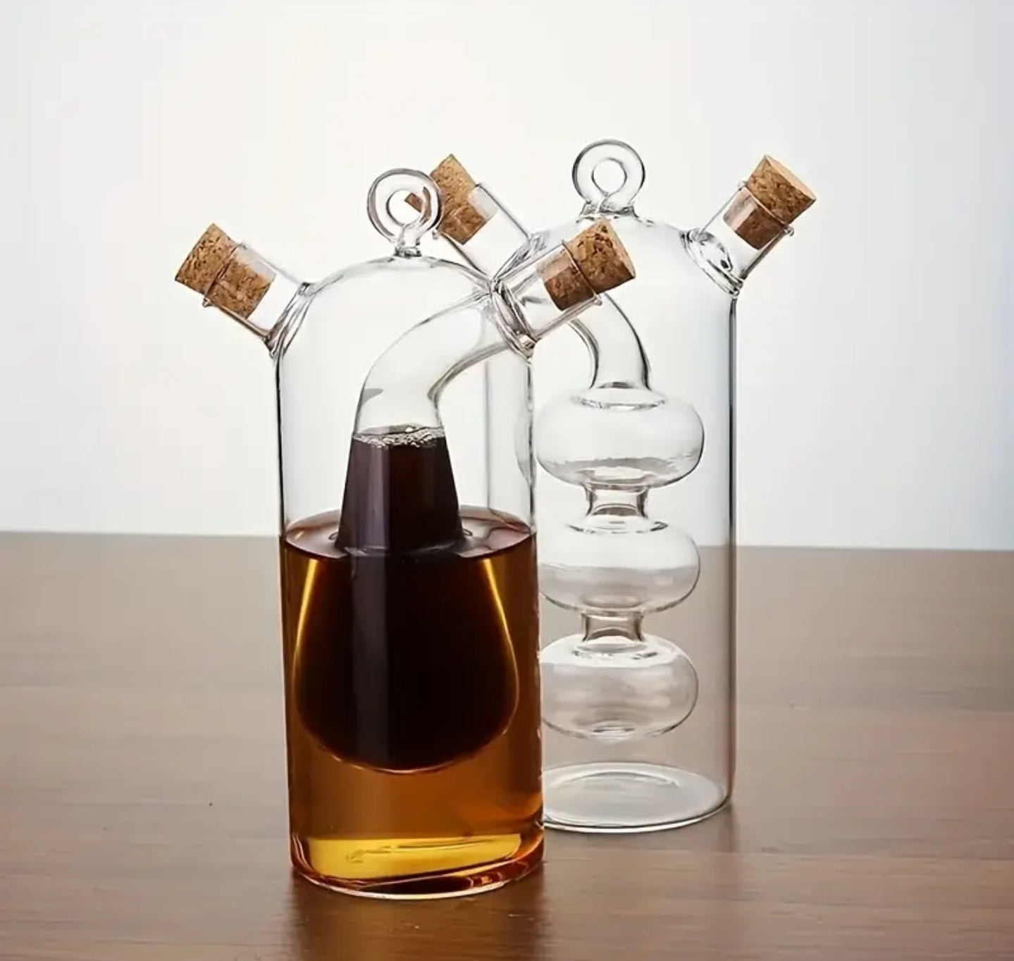2 in 1 Oil/Vinegar/Sauce Glass Dispenser with Cork Stopper - Dual Spout Kitchen Container 1pc