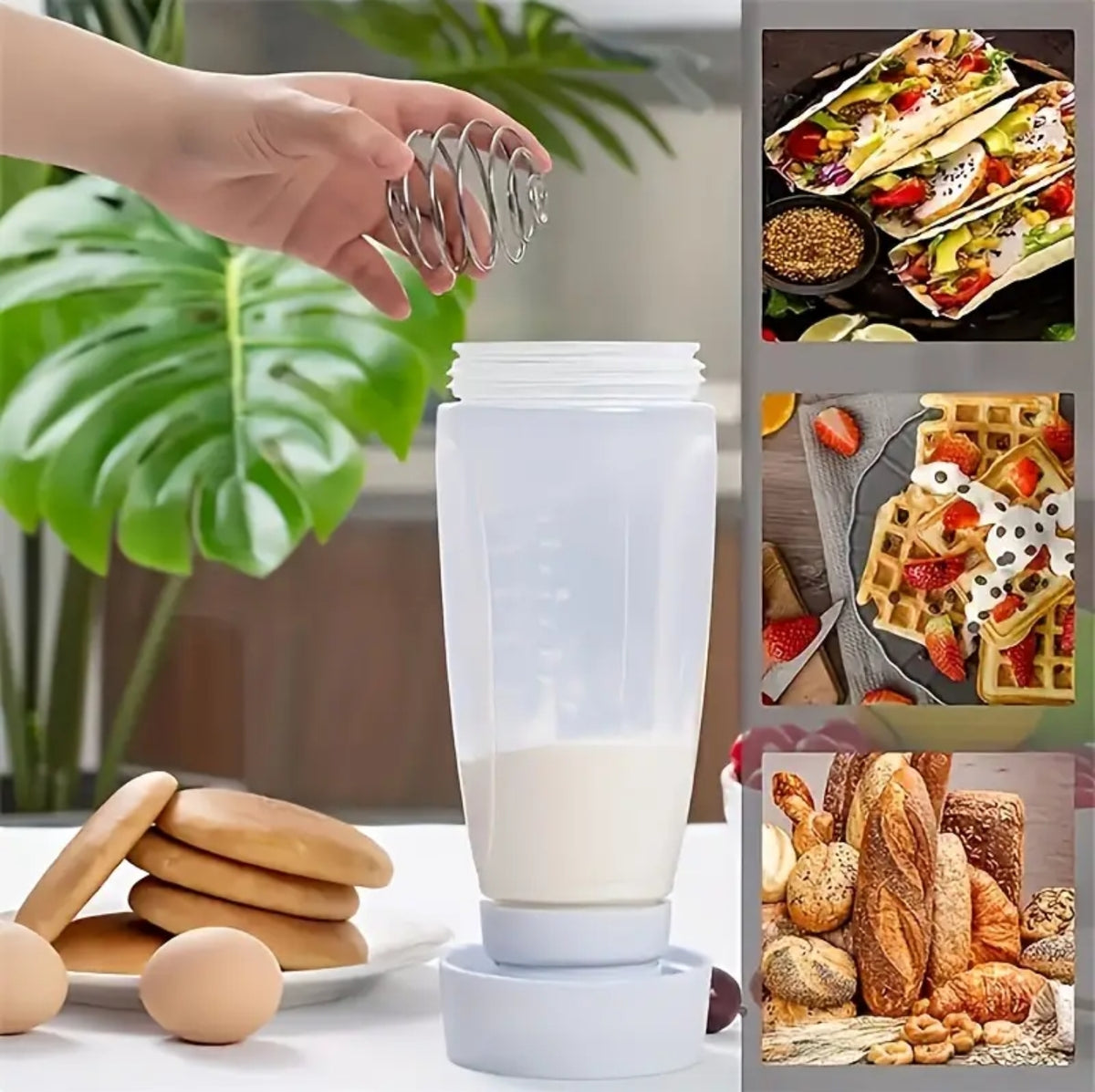 Multi Use Pancake Batter Dispenser with Stir Ball & Wire Wisk - Baking Essential for Cupcakes, Muffins, Crepes etc