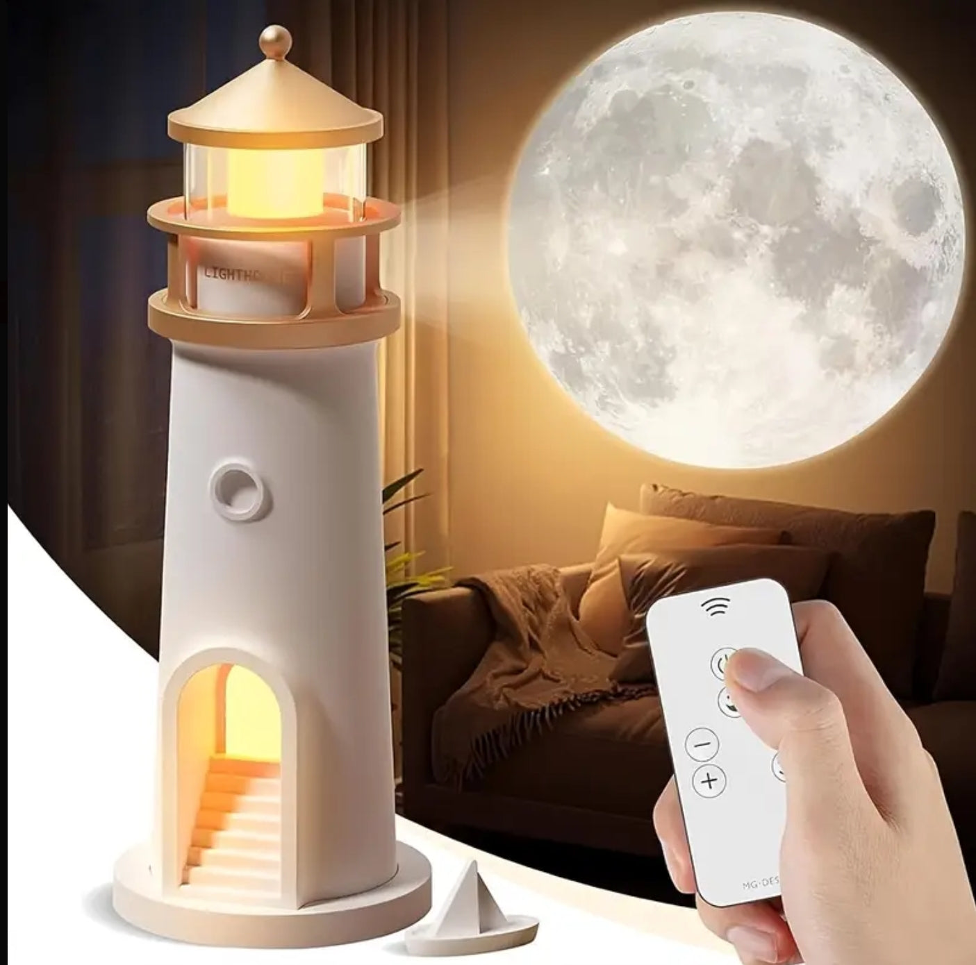 LightHouse Moon Projector Night Light with Body Sensor and Remote Control - USB Charge, Perfect for Home Decor