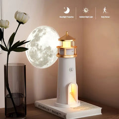 LightHouse Moon Projector Night Light with Body Sensor and Remote Control - USB Charge, Perfect for Home Decor