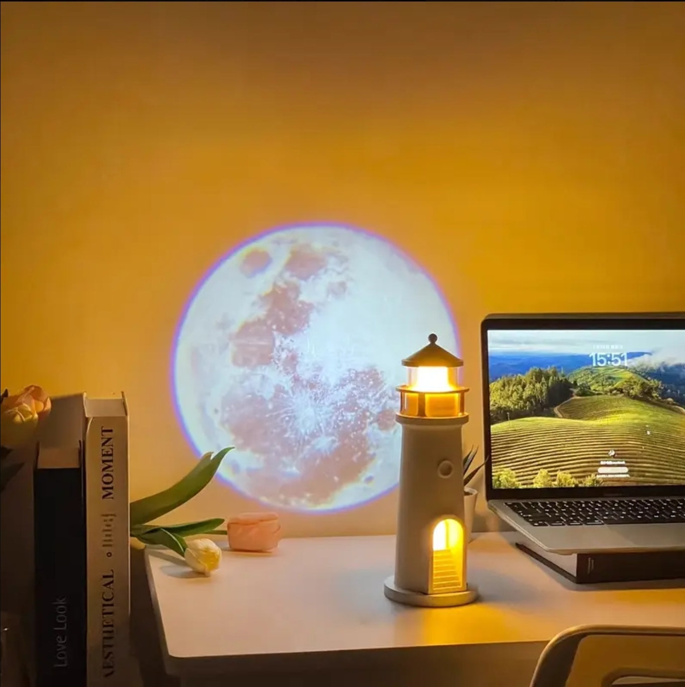 LightHouse Moon Projector Night Light with Body Sensor and Remote Control - USB Charge, Perfect for Home Decor