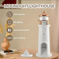 LightHouse Moon Projector Night Light with Body Sensor and Remote Control - USB Charge, Perfect for Home Decor