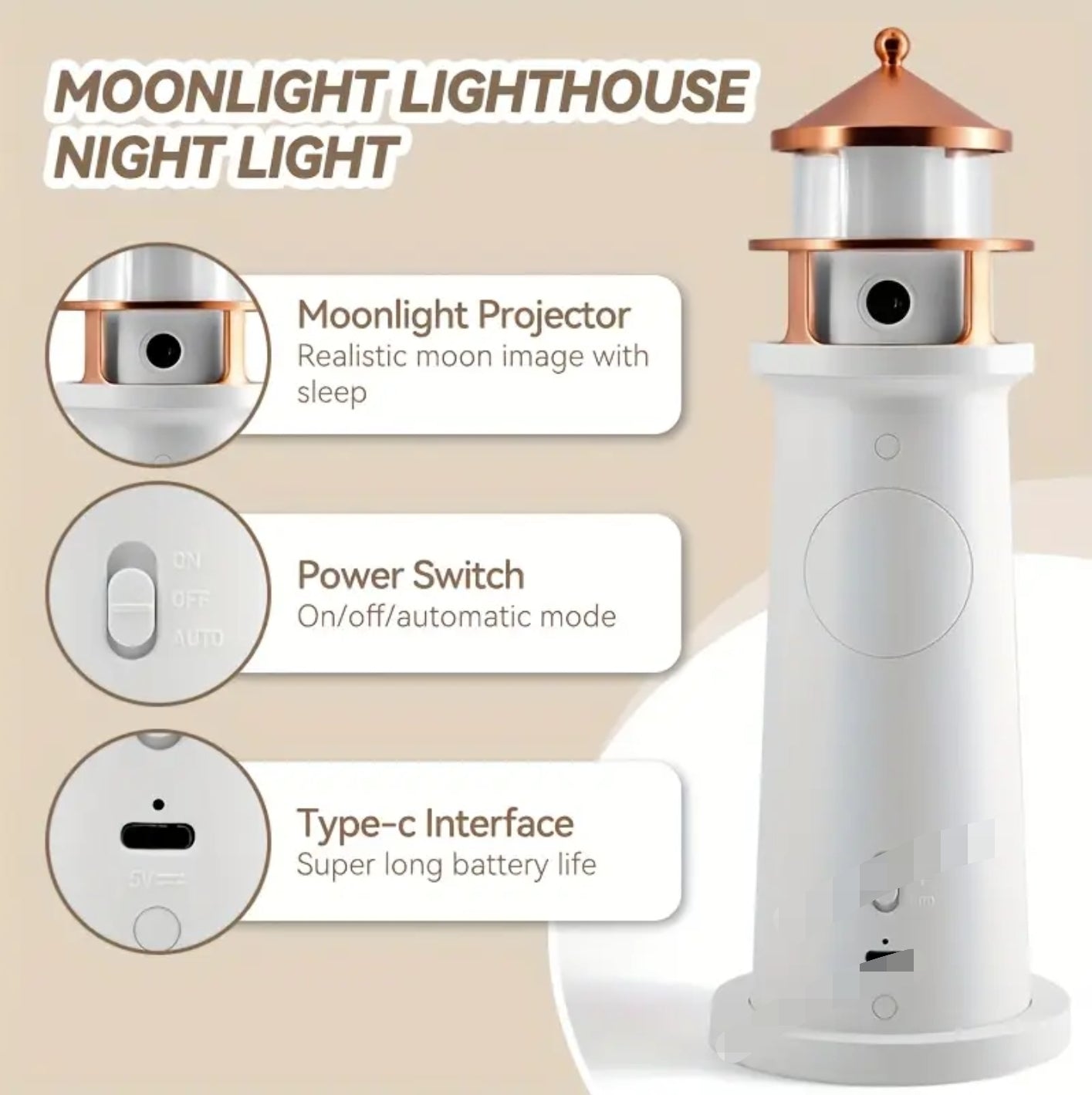 LightHouse Moon Projector Night Light with Body Sensor and Remote Control - USB Charge, Perfect for Home Decor