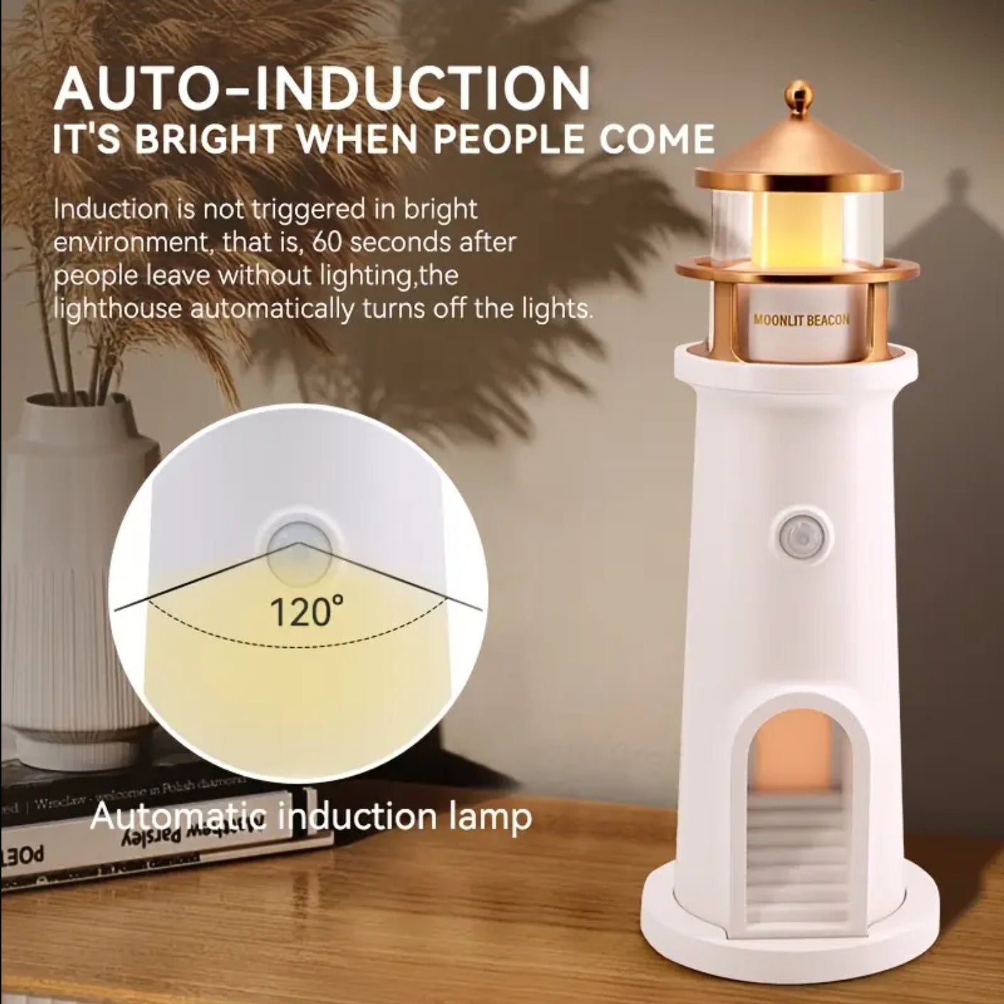 LightHouse Moon Projector Night Light with Body Sensor and Remote Control - USB Charge, Perfect for Home Decor