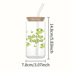 16oz Glass Cup with Straw & Lid - Matcha Coffee Print, Insulated,  UV Printed