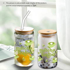 16oz Glass Cup with Straw & Lid - Matcha Coffee Print, Insulated,  UV Printed