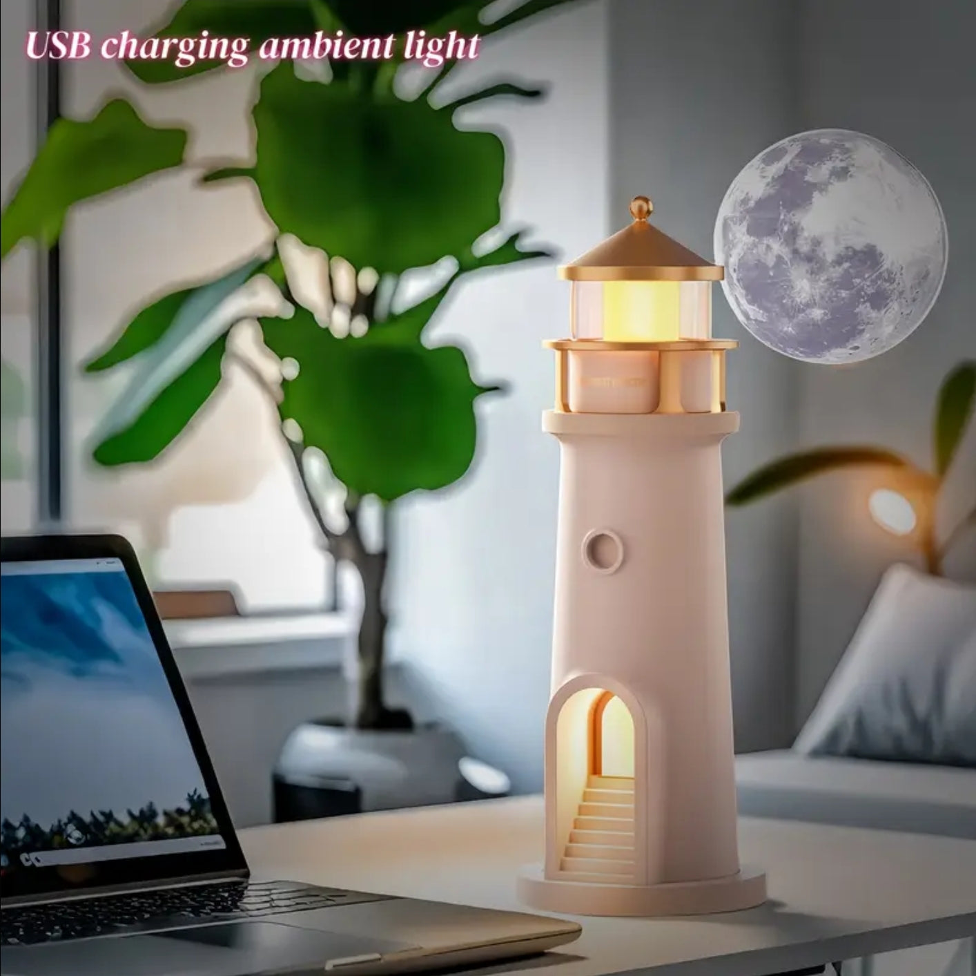LightHouse Moon Projector Night Light with Body Sensor and Remote Control - USB Charge, Perfect for Home Decor