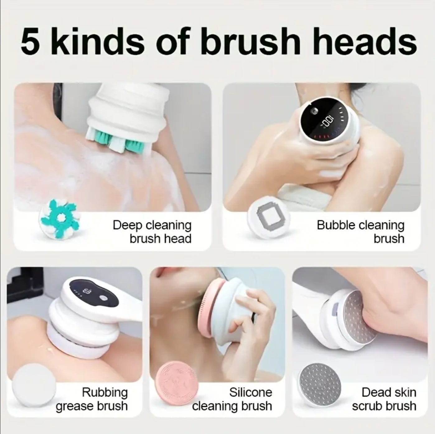 Buy 1 Get 5 Functions with Rechargeable Bath Brush - Automatic 369° Rotating Scrubbing, Exfoliation & Deep Cleaning