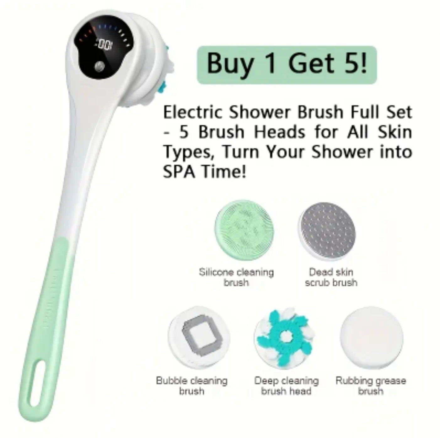 Buy 1 Get 5 Functions with Rechargeable Bath Brush - Automatic 369° Rotating Scrubbing, Exfoliation & Deep Cleaning
