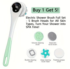 Buy 1 Get 5 Functions with Rechargeable Bath Brush - Automatic 369° Rotating Scrubbing, Exfoliation & Deep Cleaning