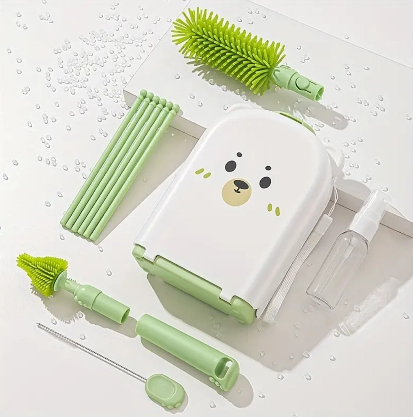12pcs/pack Mini Portable Silicone Brush Cleaning Set with Case - Bottle, Nipple, Starw Brushes, Spray Bottle, Bottle Rack
