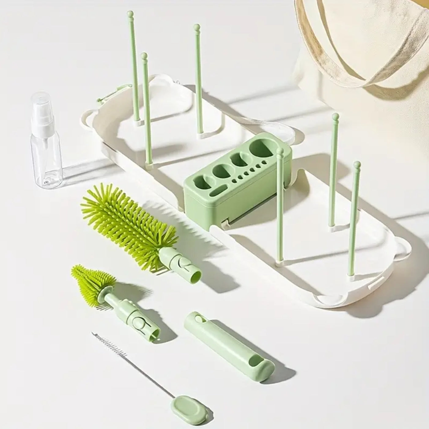 12pcs/pack Mini Portable Silicone Brush Cleaning Set with Case - Bottle, Nipple, Starw Brushes, Spray Bottle, Bottle Rack