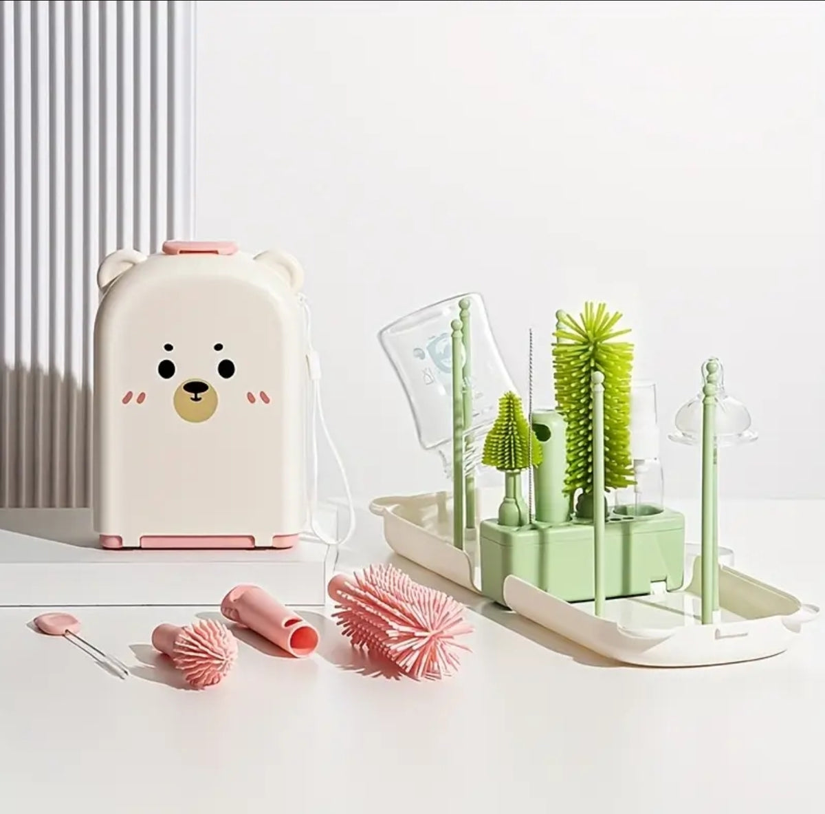12pcs/pack Mini Portable Silicone Brush Cleaning Set with Case - Bottle, Nipple, Starw Brushes, Spray Bottle, Bottle Rack
