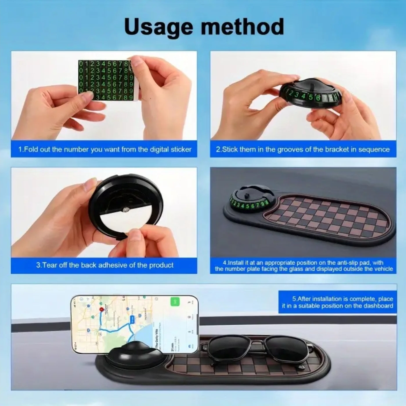 Anti-Slip Car Dashboard Mat with Rotating Phone Holder and Temporary Parking Number -