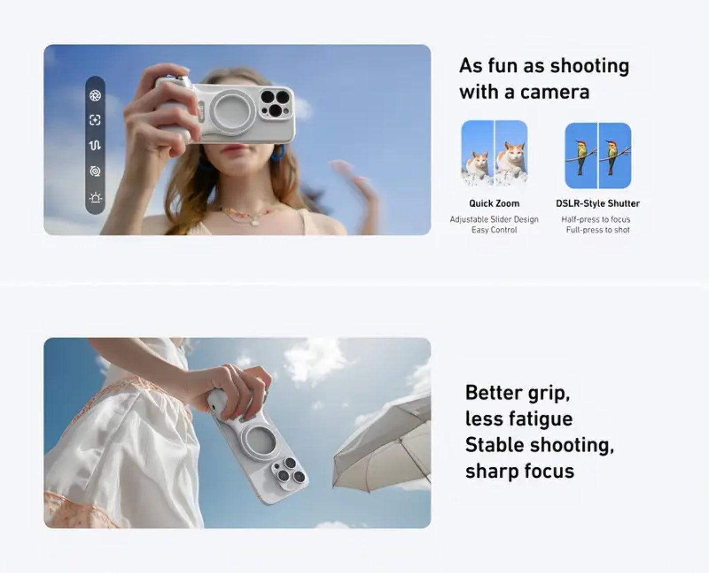 DSLR Style Magnetic Camera Grip for iPhone, Android - Detachable wireless Shutter Button n Portable Tripod+ Selfie Stand